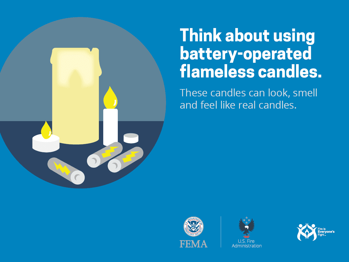 An illustration promoting the use of battery-operated flameless candles, which mimic real candles, endorsed by FEMA and US Fire Administration.