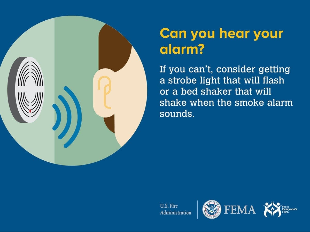 A visual safety message suggesting a strobe light or bed shaker for those who can't hear alarms.