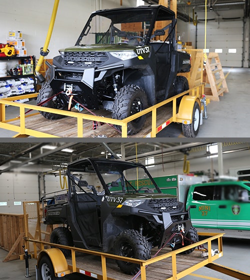 A UTV on a yellow maintenance lift, top image showing front view, bottom showing side, in Fire Station No. 2.