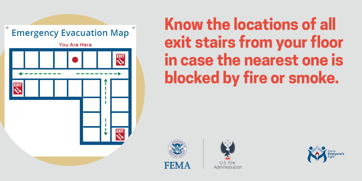 An emergency evacuation map with exit routes and a message about knowing stair locations in case of fire or smoke.