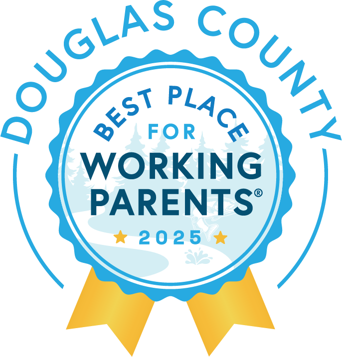 Badge for "Best Place for Working Parents 2025" in Douglas County, featuring a scenic design and gold ribbon.
