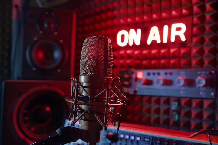 Professional studio microphone with "ON AIR" sign in the background, indicating a live broadcast or recording session.