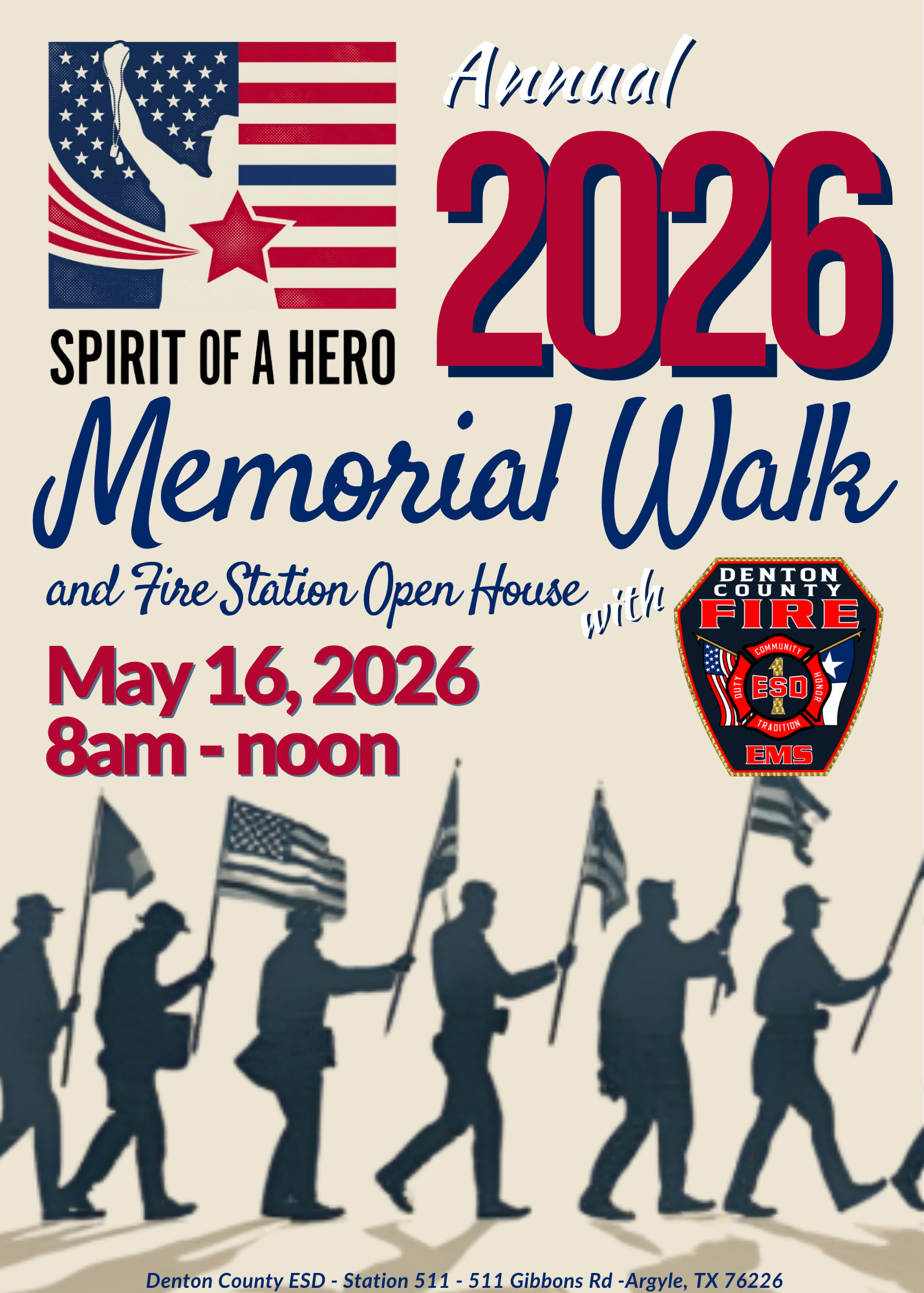 The image promotes the 2026 "Spirit of a Hero" Memorial Walk and Fire Station Open House on May 16, 2026, from 8 am to noon.