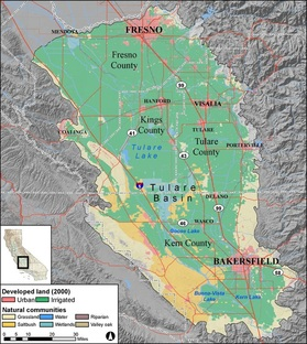 Map of Tulare Basin, California, showing counties, cities, land use, and natural communities.