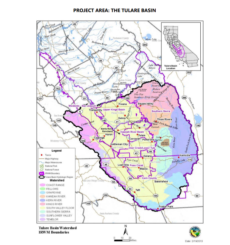Map of the Tulare Basin project area in California, illustrating watershed boundaries, towns, highways, and natural features.