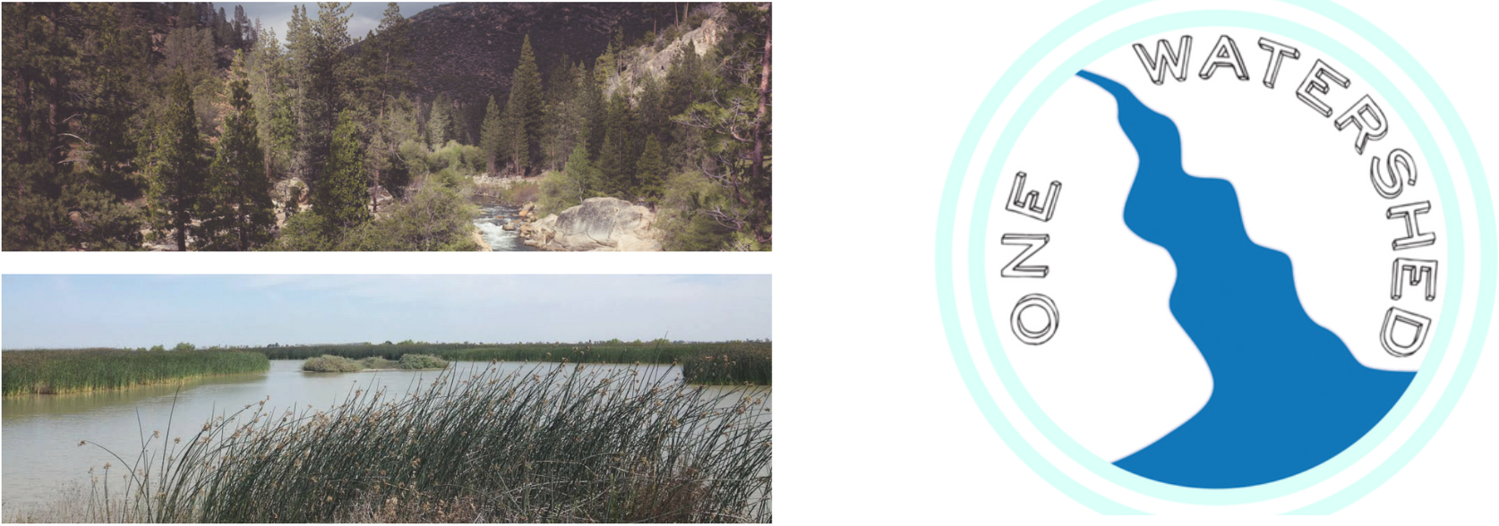 Two nature scenes with forests and rivers and a "ONE WATERSHED" logo featuring a blue water pathway.