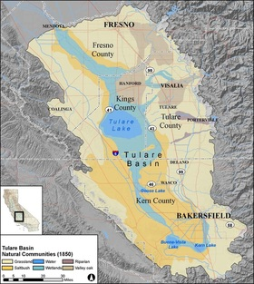 Map of Tulare Basin, showing natural communities, counties, cities, and water features like Tulare Lake and Goose Lake.