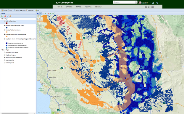 A map with various colored layers representing different geographical and environmental data in the San Joaquin Valley (SJV) Greenprint.