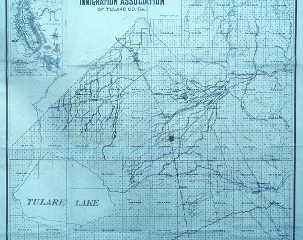 Map of Tulare County, California, showing Tulare Lake, roads, and other geographical features.