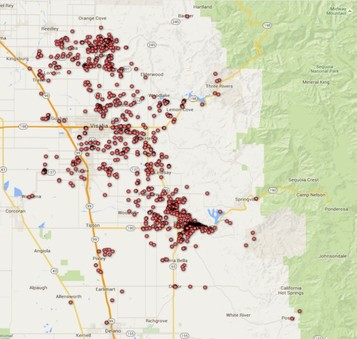 A map highlighting numerous marked locations in Central California, around cities like Visalia and Porterville.