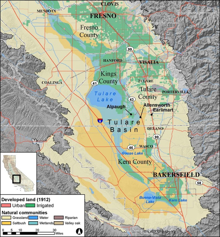 Map of Tulare Basin, California, showing land types (urban, irrigated) and natural communities (grassland, wetlands, etc.).
