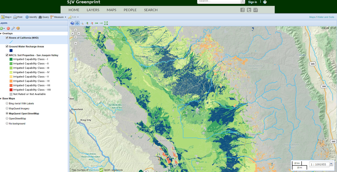 Map of San Joaquin Valley showing soil properties and ground water recharge areas with color-coded irrigation capability classes.