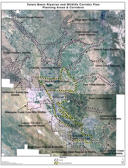 Map of Tulare Basin with wildlife corridors and planning areas marked by dotted lines over satellite imagery.