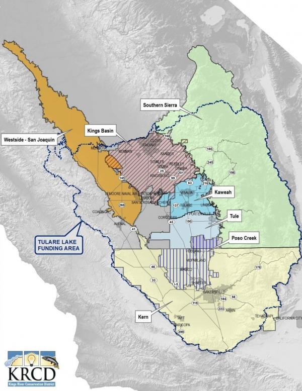 Map of the Tulare Lake Funding Area with labeled regions: Kings Basin, Southern Sierra, Kaweah, Tule, Poso Creek, Westside, and Kern.