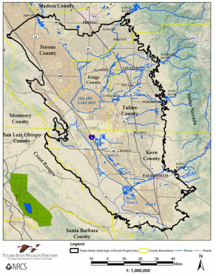 Map showing counties in California, including roads, rivers, and the Tulare Basin Project Area.