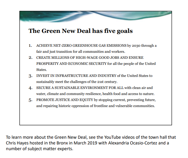 The image lists the five goals of the Green New Deal, focusing on climate, jobs, infrastructure, environment, and justice.