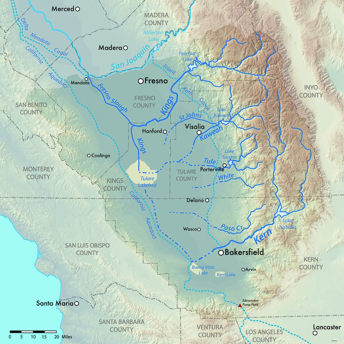 Map of California's river systems and counties, showing cities like Fresno and Bakersfield, with various lakes and aqueducts marked.