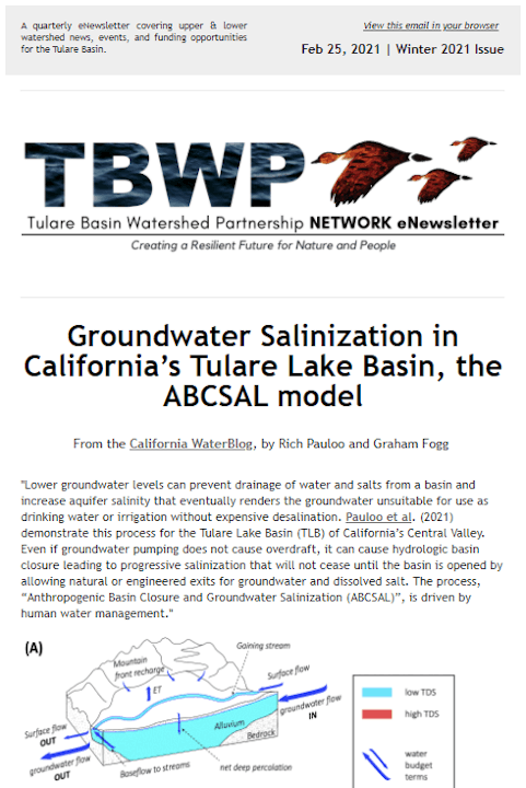 Newsletter article on groundwater salinization in California's Tulare Lake Basin using the ABCSAL model.
