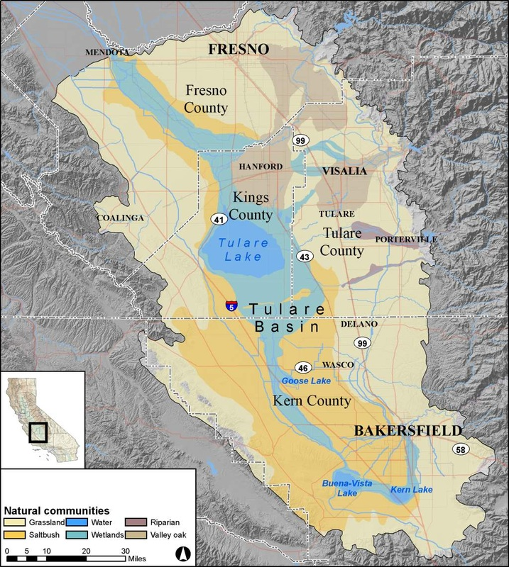 Map of the Tulare Basin in California, showing natural communities like grassland, water, wetlands, and riparian areas.