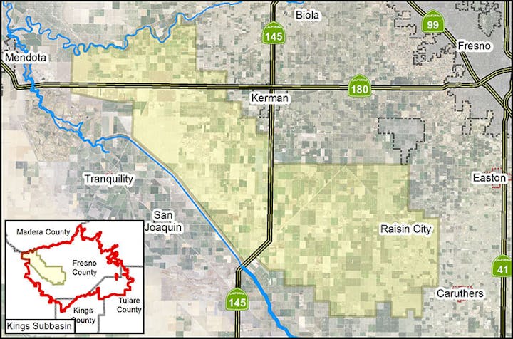 Map of Fresno County, California, showing highways, cities, and agricultural areas with an inset of the Kings Subbasin location.