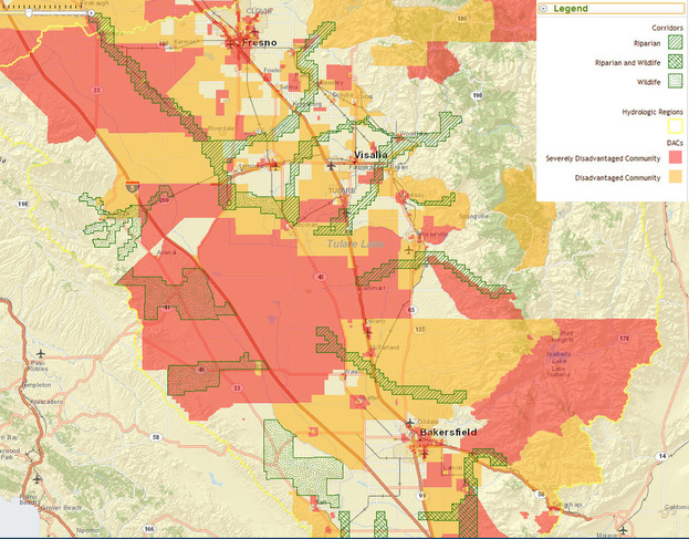 Map showing corridors and disadvantaged communities in California's Central Valley, including Fresno, Visalia, and Bakersfield.