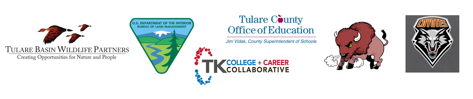 Logos of Tulare Basin Wildlife Partners, U.S. Bureau of Land Management, Tulare County Office of Education, TK Collaborative, bison, and coyotes.