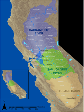 Map of California showing the Sacramento River, San Joaquin River, Delta, and Tulare Basin regions.