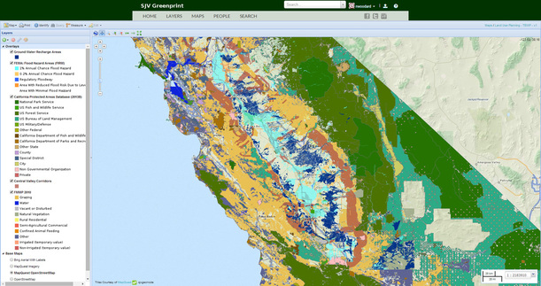 A colorful, detailed land use map of central California with a key on the left.
