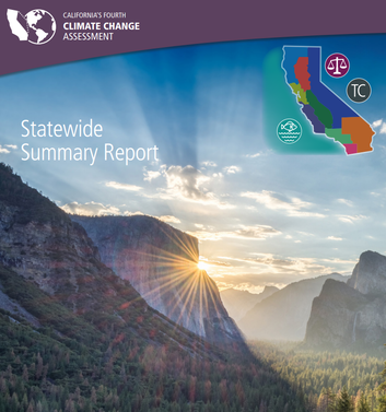 Scenic landscape with mountains and sunburst, text "Statewide Summary Report," and a California map with symbols, for a climate assessment.