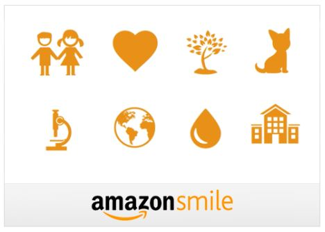 Icons of children, heart, tree, cat, microscope, globe, droplet, building, and "amazon smile" logo.