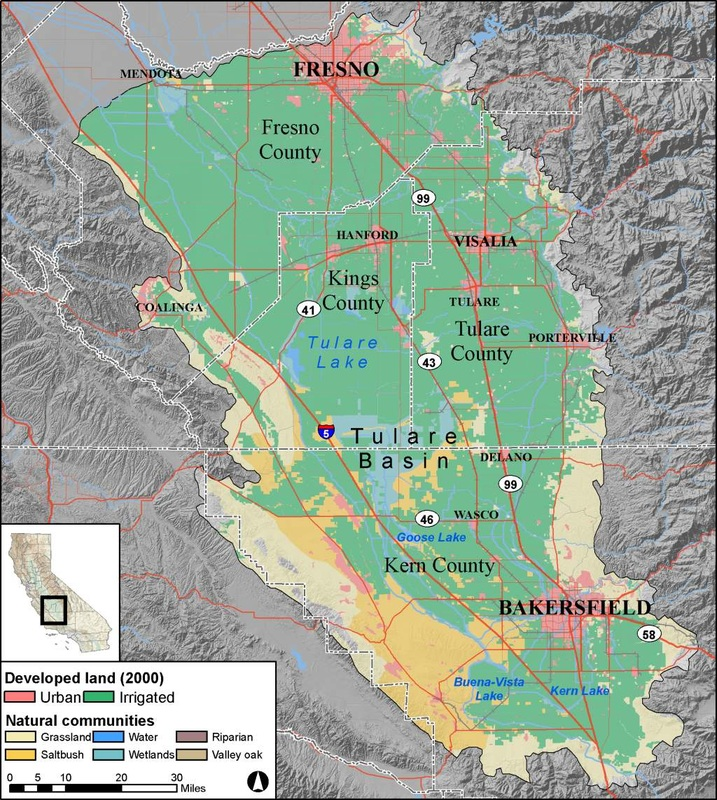 Map of Tulare Basin, California, showing counties, cities, roads, lakes, and land types (urban, irrigated, grassland, etc.).
