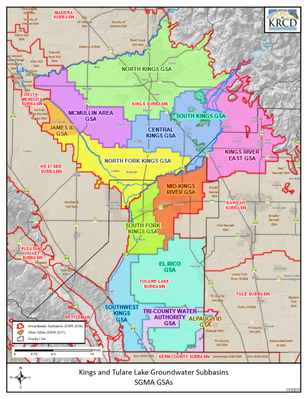 Map of Kings and Tulare Lake Groundwater Subbasins, showing various GSAs in different colors.