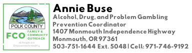 It's a graphic with text about Polk County's Alcohol, Drug, and Problem Gambling Prevention Coordinator, including contact info.