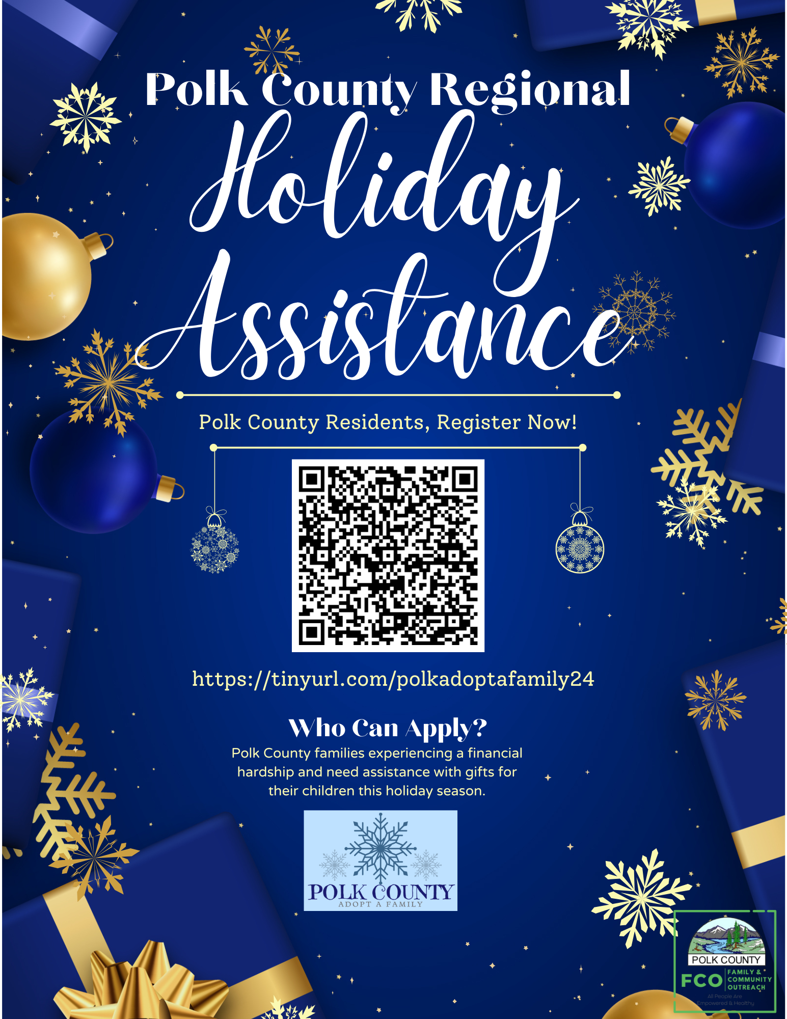 A promotional flyer for Polk County's Holiday Assistance program with a QR code, URL, and details on who can apply.