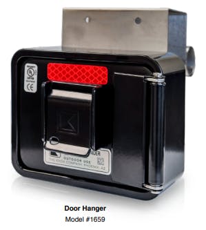 A black door hanger with a red reflective sticker, model #1659.
