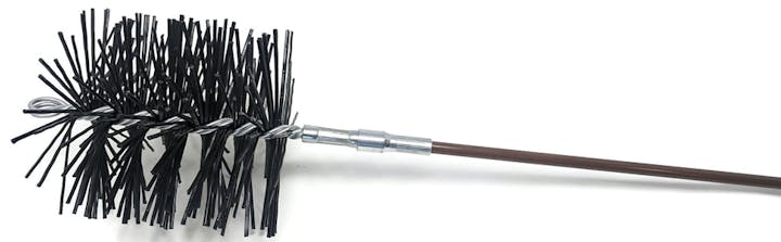 A chimney sweep brush with a long handle on a white background.