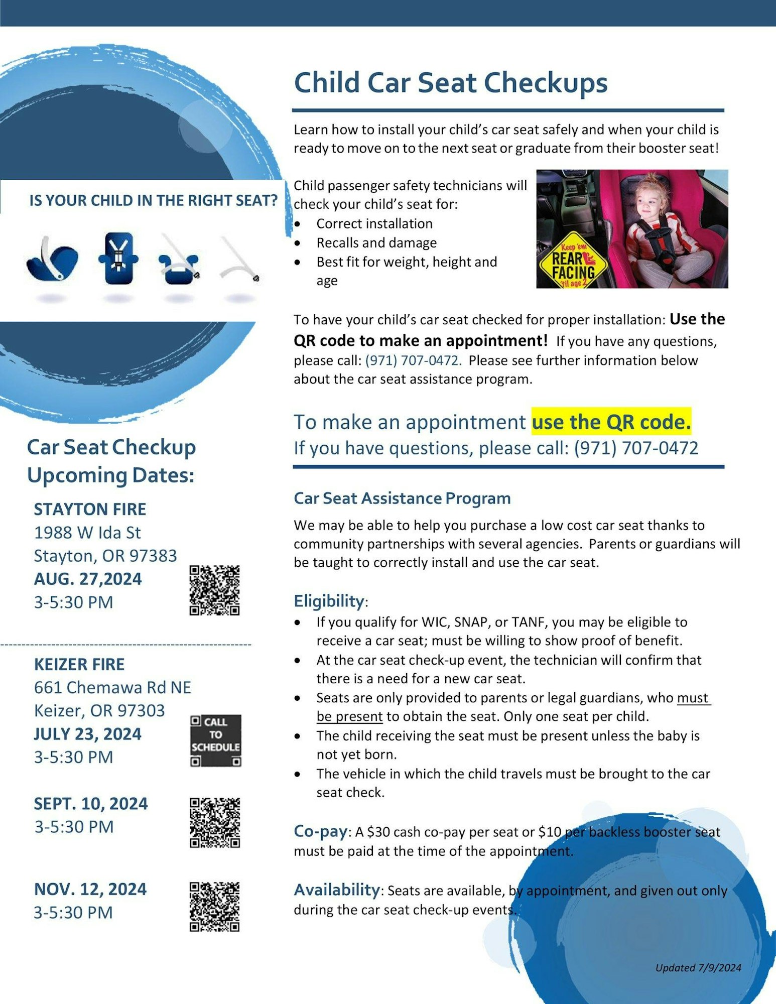 A flyer promoting child car seat checkups with dates, locations, instructions, a QR code for appointments, and program details.