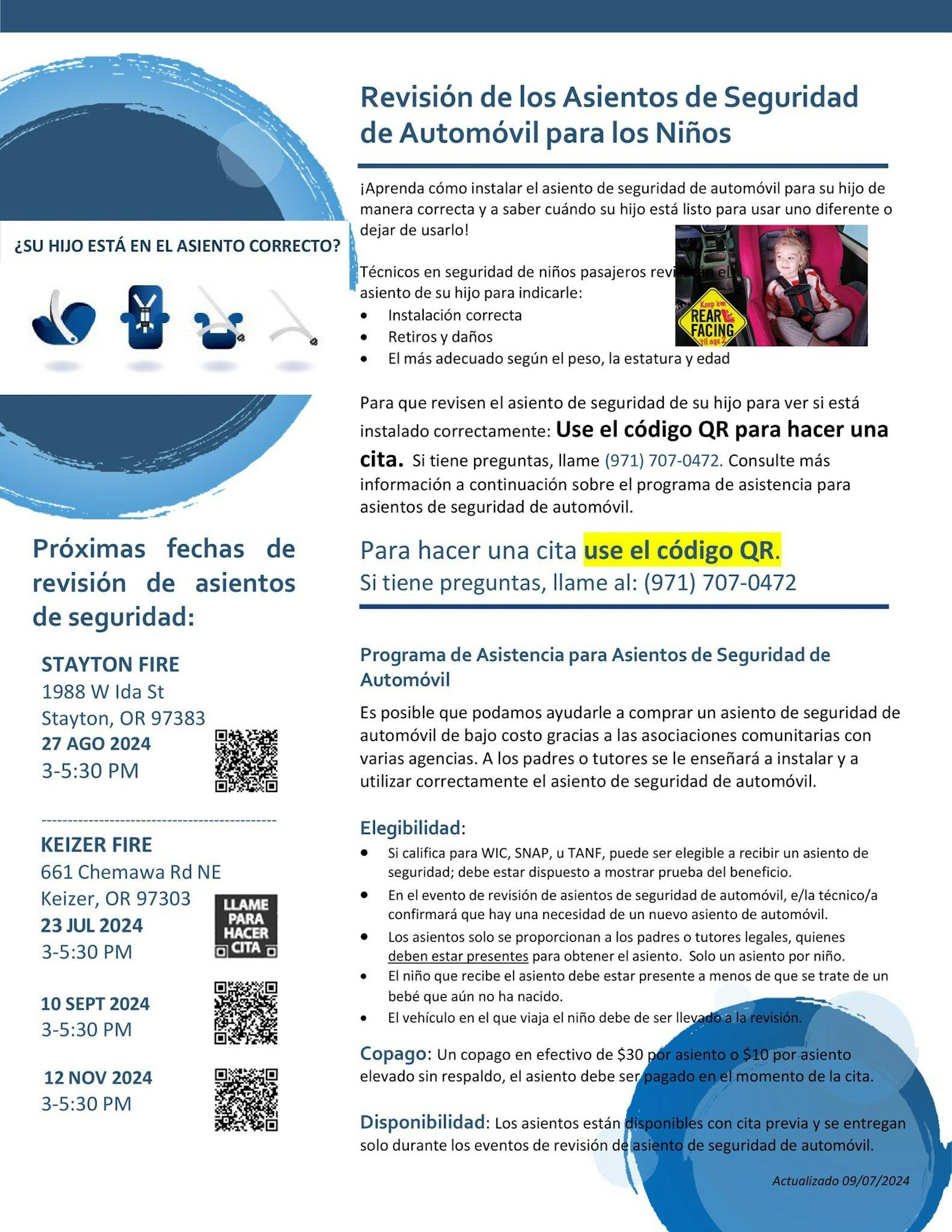 The image contains text in Spanish about child car seat safety checks, a QR code for appointments, and eligibility details for a car seat assistance program.