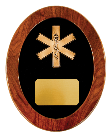A wooden plaque with a gold emblem and a blank gold nameplate, possibly an award or recognition item.
