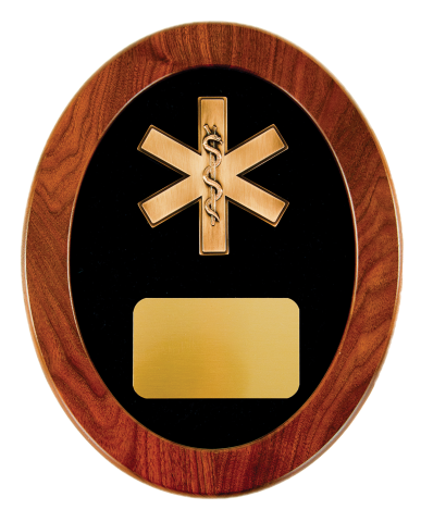 A wooden plaque with a gold emblem and a blank gold nameplate, possibly an award or recognition item.