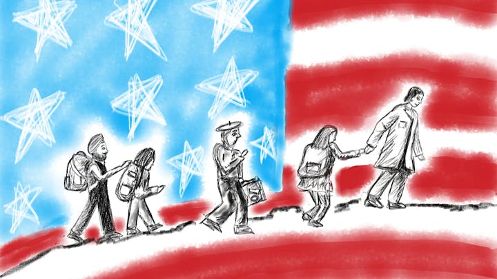 Illustration of diverse people walking in front of an abstract American flag backdrop with stars and stripes.