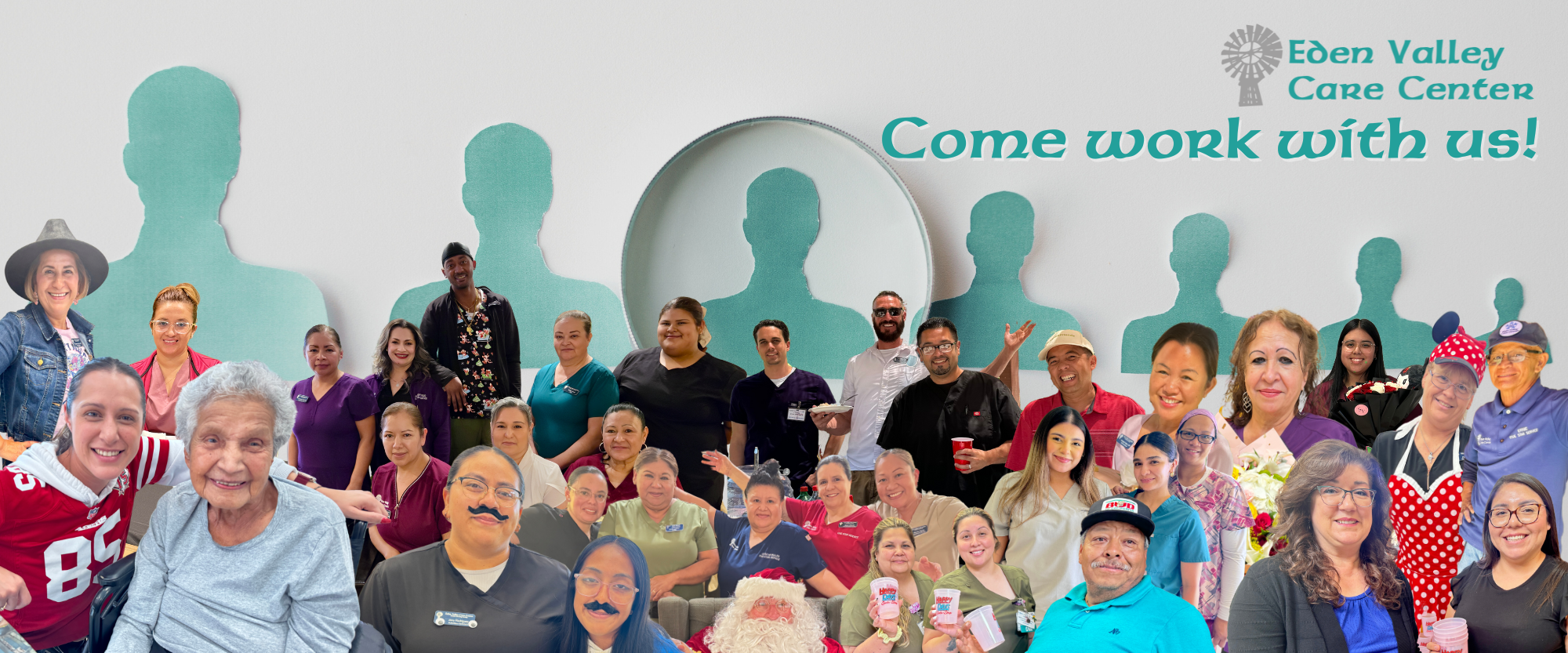 A group of people in front of a "Come work with us!" sign for Eden Valley Care Center, with some silhouettes in the background.