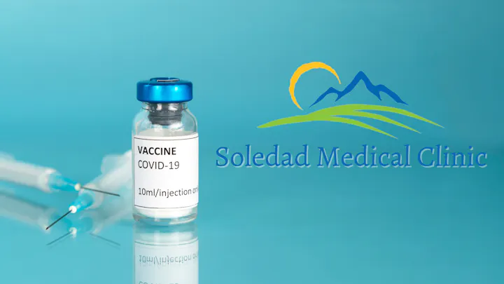 A COVID-19 vaccine vial and syringe with a logo for Soledad Medical Clinic.