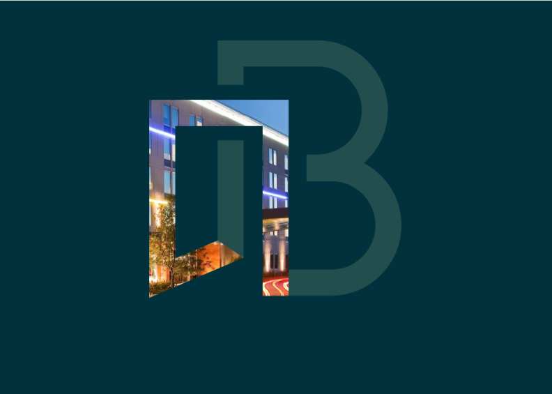 A large letter 'B' overlaying an image of a modern building at dusk.