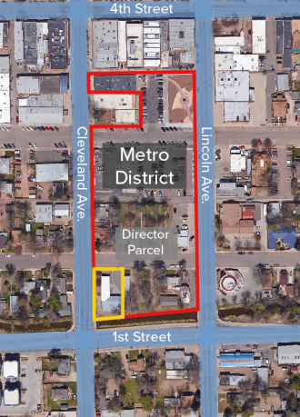 Aerial map showing Metro District with marked boundaries and streets: Cleveland Ave, Lincoln Ave, 4th Street, 1st Street.