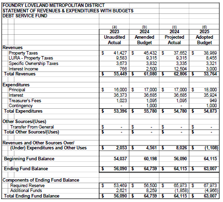 Financial statement showing revenues, expenditures, and fund balances for Foundry Loveland Metropolitan District.