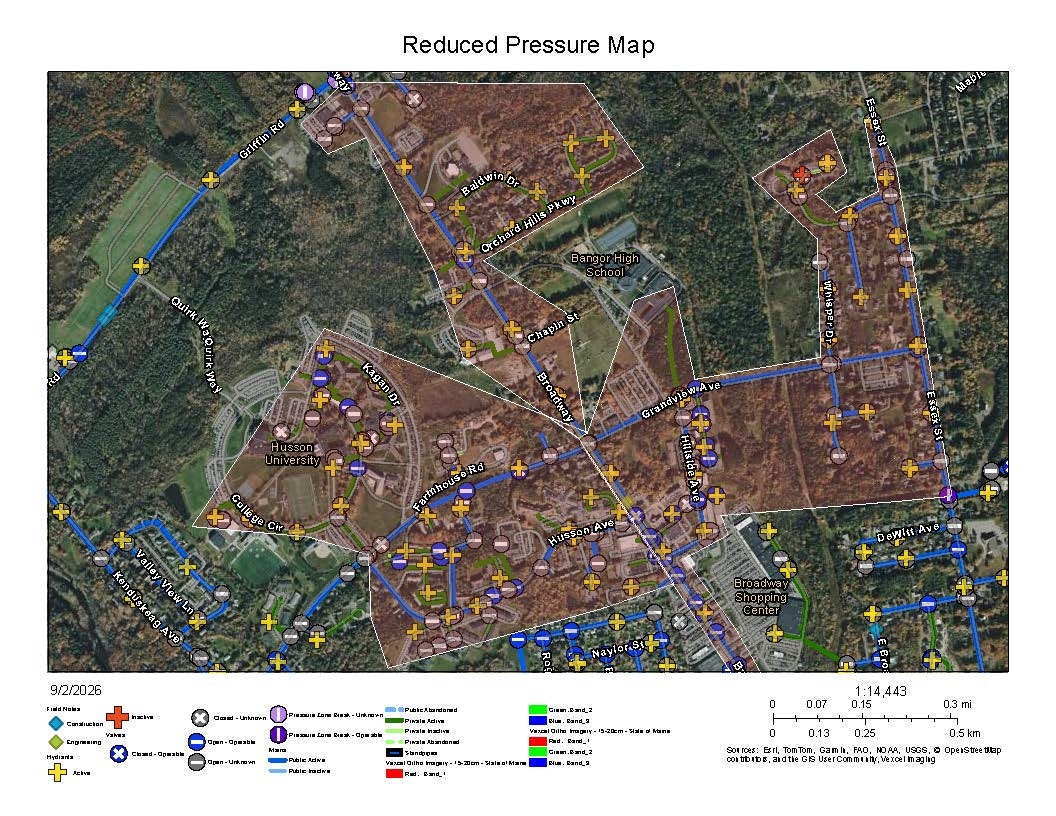 The image is a map labeled "Reduced Pressure Map," showing streets, landmarks, and pressure zones in a specific area.