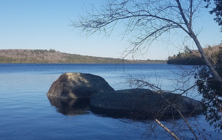 A serene lakeside view featuring two large rocks in the water, surrounded by trees and a calm, clear blue sky.