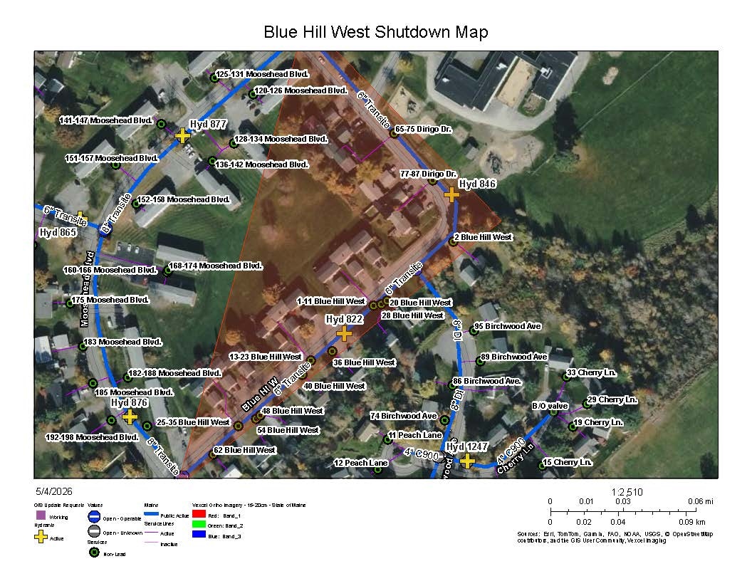 The image is a map labeled "Blue Hill West Shutdown Map" showing various streets, hydrant locations, and specific addresses.