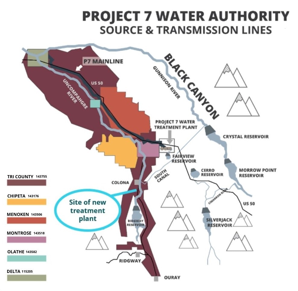 Map of Project 7 Water Authority showing water sources, transmission lines, and the location of a new treatment plant in Colorado.